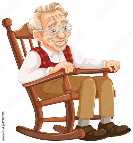 Cheerful senior gentleman relaxing in a wooden rocker
