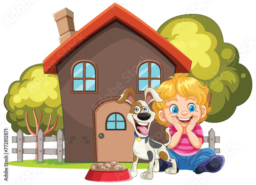 Cheerful boy with pet dog sitting by house