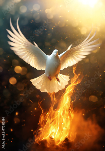 white pigeon flying with open wings emitting fire flame realistic illustration