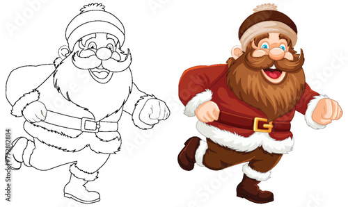 Santa illustration, one colored and one line art.