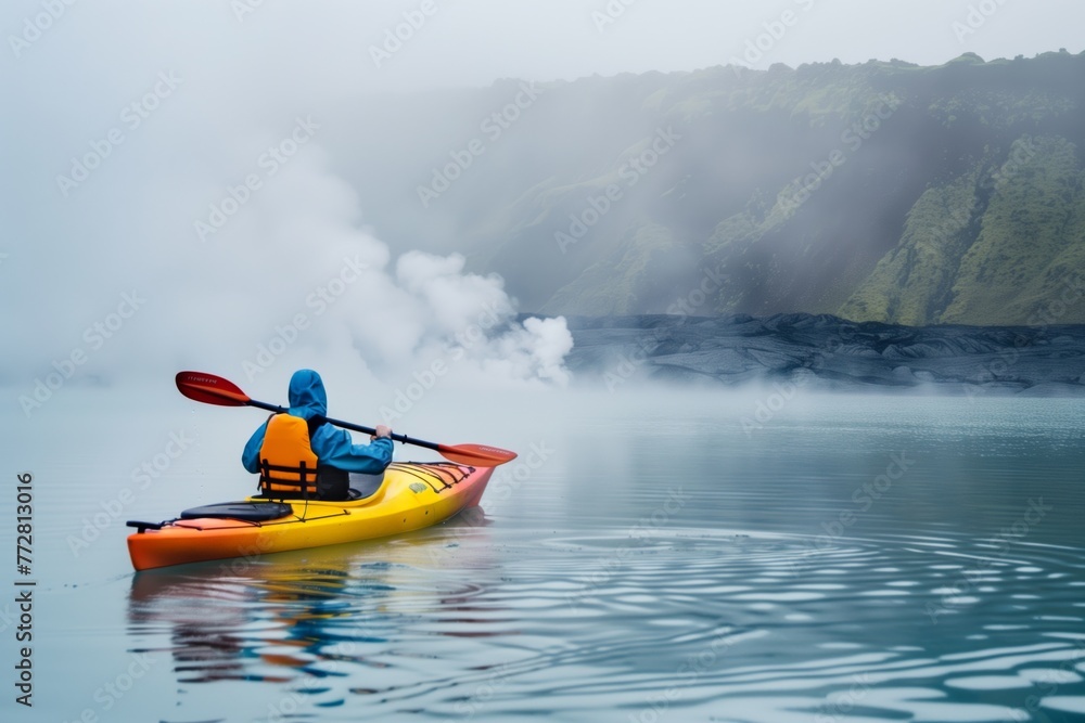 Fototapeta premium tourist kayaking on a volcanic lake