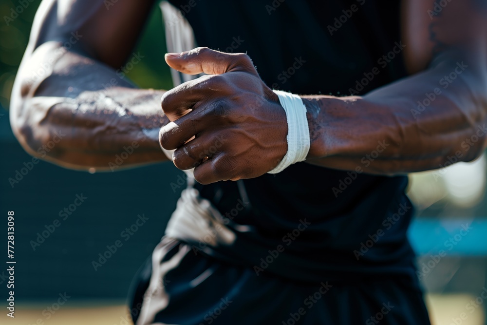 athlete wrapping wrist, preparing to play athlete wrapping wrist, preparing to play