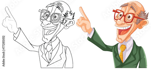 Colorful cartoon of a happy, gesturing scientist