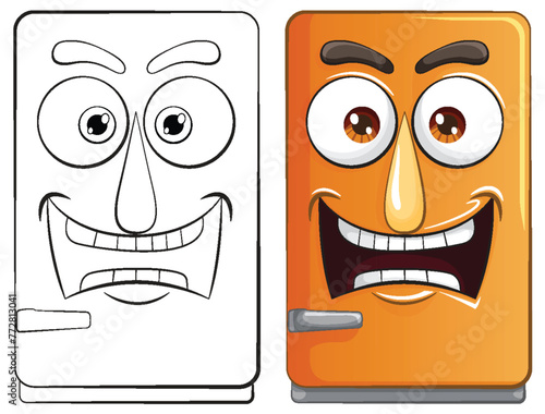 Two cartoon refrigerators with expressive faces
