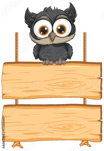 Adorable cartoon owl perched on blank signboards.