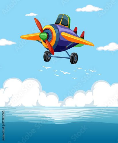 Vibrant aircraft flying above serene blue waters © GraphicsRF