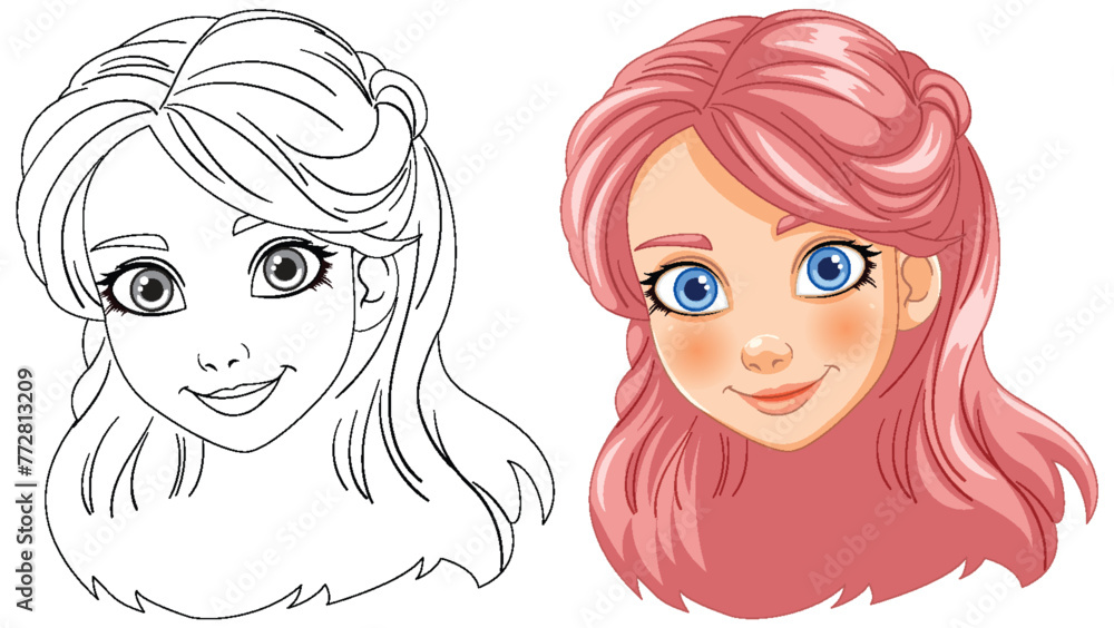 Vector illustration of a girl, black and white to color Vector illustration of a girl, black and white to color
