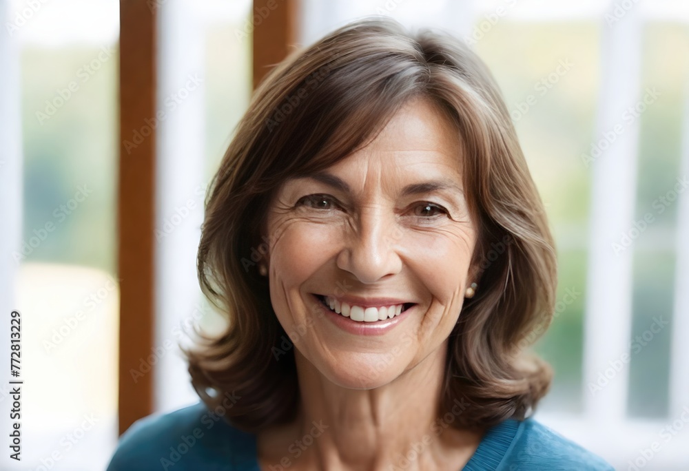 Attractive 50s Woman Smiling Indoors Beauty and Skin Care Attractive 50s Woman Smiling Indoors Beauty and Skin Care