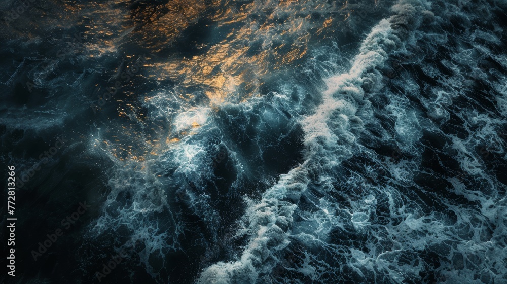 Aerial view of ocean waves at sunset