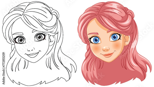 Vector illustration of a girl, black and white to color