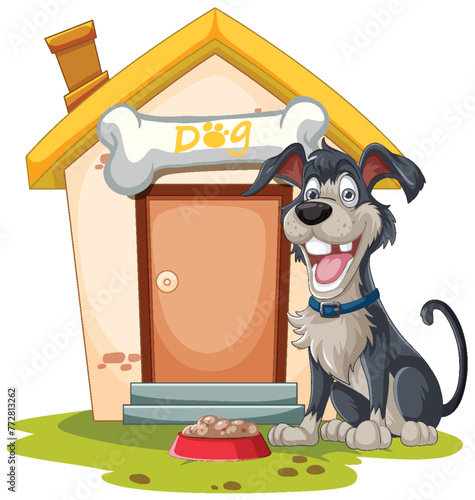 Cheerful dog sitting by its kennel with a bone.