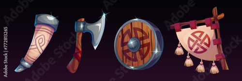 Viking magic game ui icons set. Cartoon vector illustration set of medieval warrior weapon and equipment - wooden round shield, helmet with horns and axe, triangle flag with symbol and beer horn.