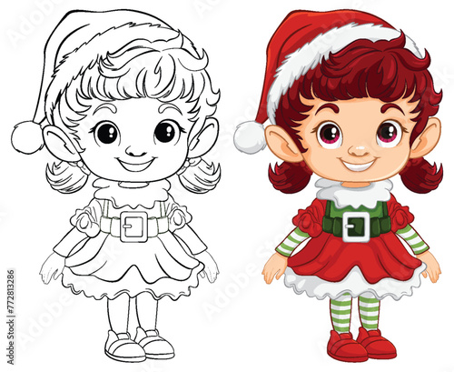 Colorful and line art elf girl illustrations.