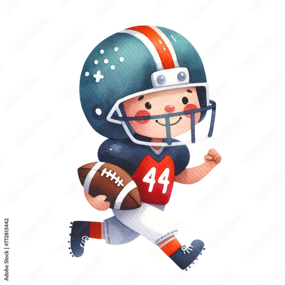 A cartoonish child wearing a football helmet and jersey is holding a football. He is running and he is happy