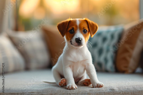 Curious Jack Russell Puppy on Soft Couch.