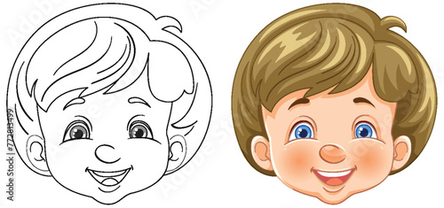 Vector illustration of a happy child's face, colored and outlined.