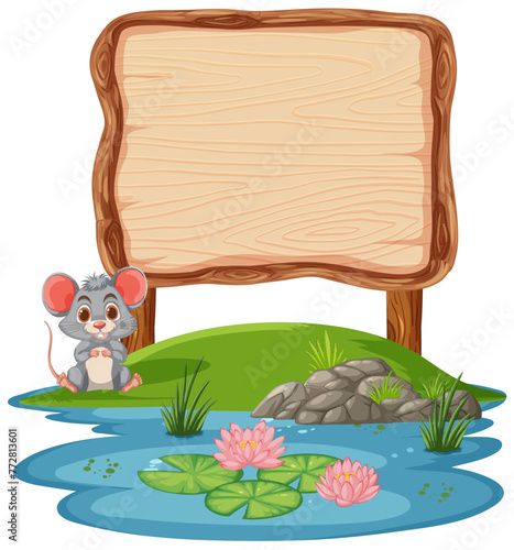 Cute mouse beside a blank wooden signboard.