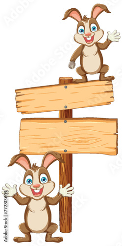 Two happy rabbits presenting an empty signboard.