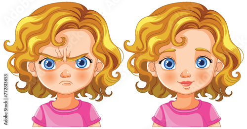 Illustration of girl showing anger and happiness.