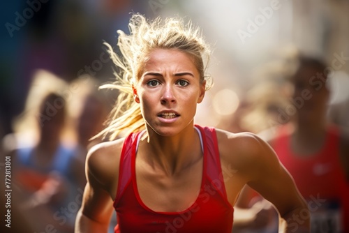 Competitive spirit with a close-up shot of a female runner's determined eyes as they overtake a rival in the marathon