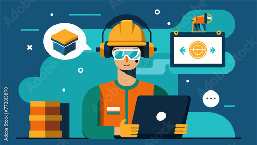 A detailed look at a worker using an AR headset to receive virtual guidance and feedback as they practice operating heavy machinery increasing
