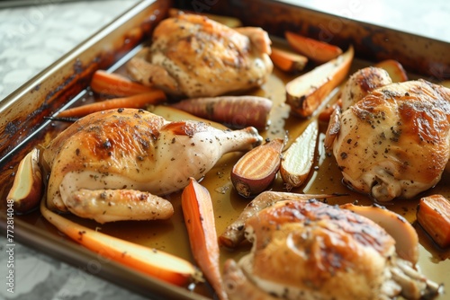 baked chicken and root vegetables on a tray photo