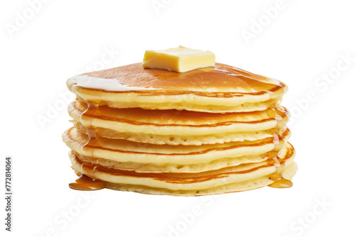 Towering Pancake Delight: Fluffy Stack With Melting Butter. On a Clear PNG or White Background.