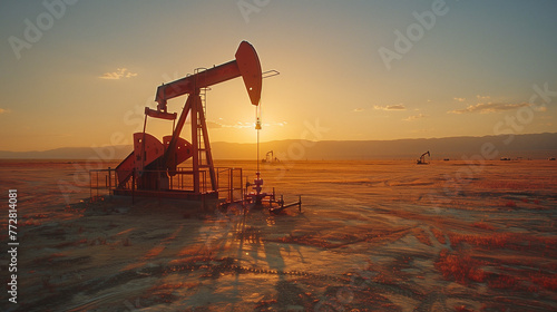 A solitary pump jack tirelessly extracts crude oil from a vast, sun-drenched oil field