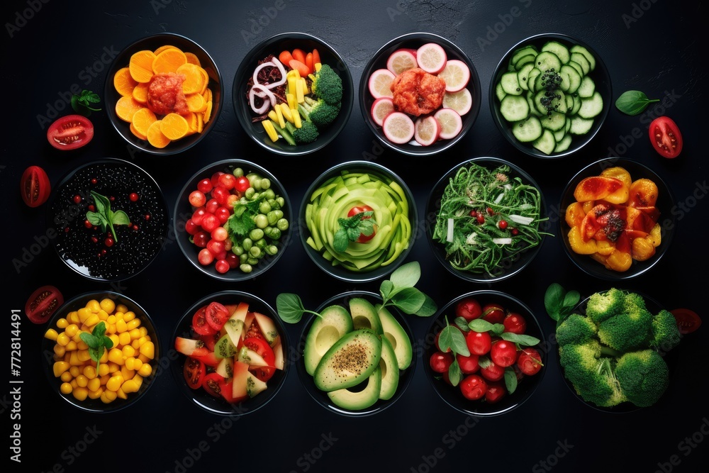 Varieties of healthy food,Healthy food in bowls over black background Top view flat lay Assortment of healthy food dishes top view, Ai generated Varieties of healthy food,Healthy food in bowls over black background Top view flat lay Assortment of healthy food dishes top view, Ai generated