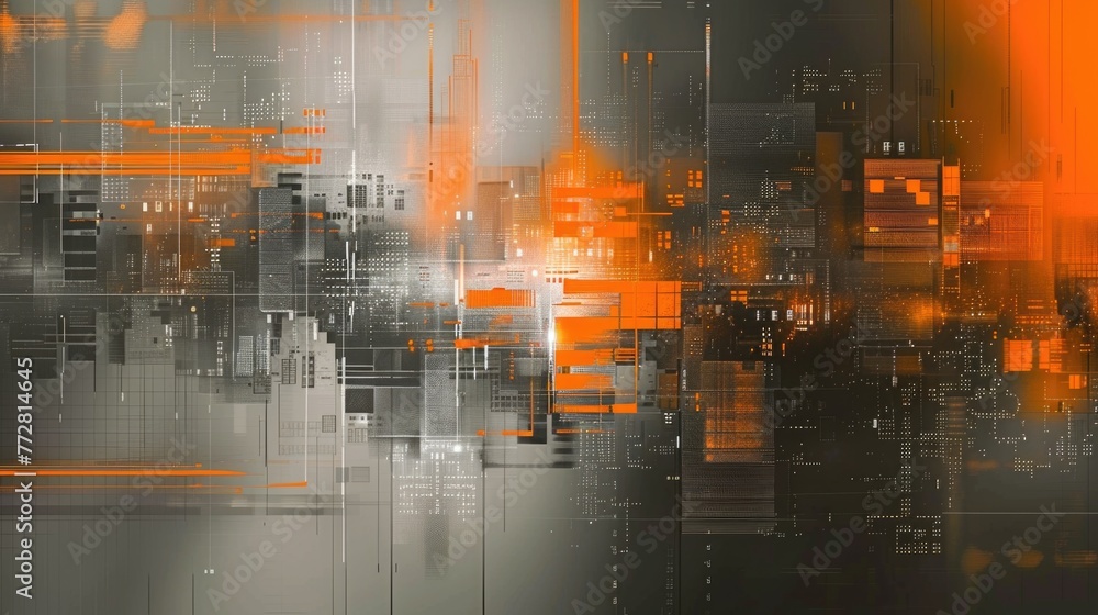 Gray-orange abstract background or screensaver on PC in the style of cyber technologies of the future. AI generative.
