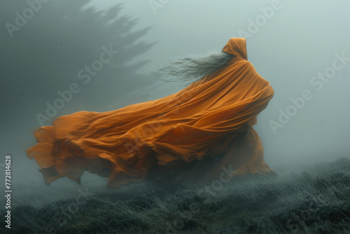 Ethereal Figure in Orange Fabric Amongst Mist.