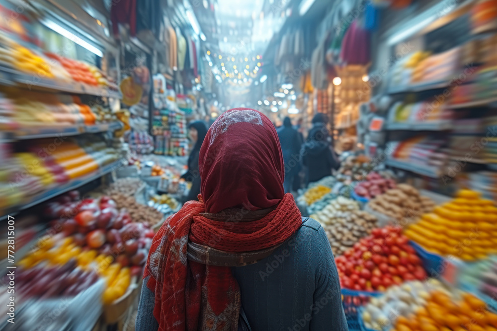 Woman Overlooking Colorful Market Stalls.