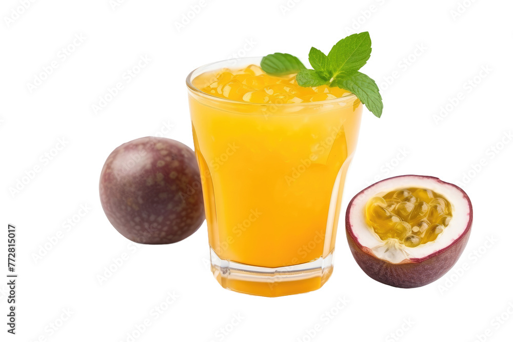 Fototapeta premium Citrus Harmony: Refreshing Orange Juice and Juicy Apple. On a Clear PNG or White Background.