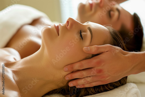 Young couple receiving head massage at beauty spa