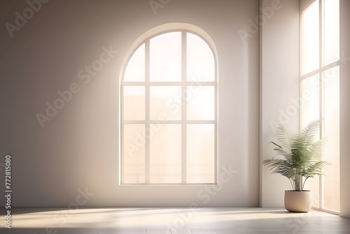 Bright living room interior with window and plant. 3D Render