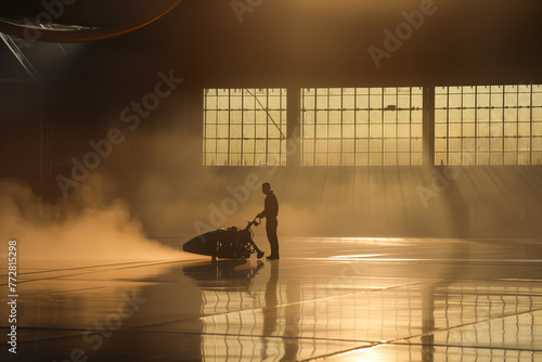 Worker polishing hard floor with high speed polishing machine photo