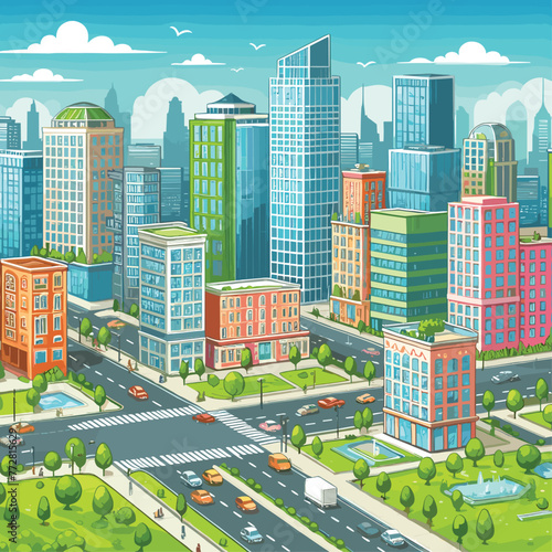 vector City buildings with green lawns and streets with sky in the background