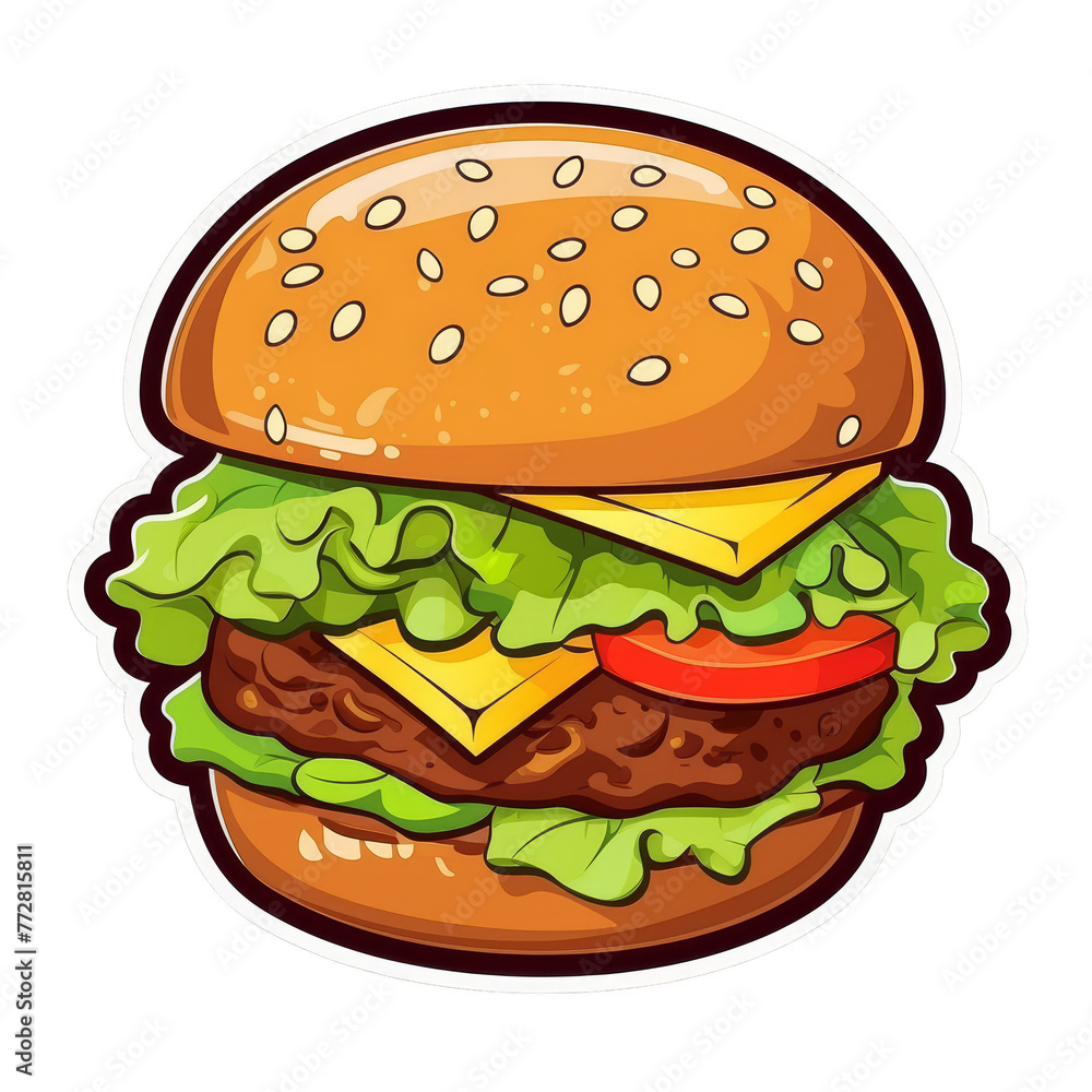 Minimalistic vector sticker of a hamburger with cheese and lettuce on a transparent background
Minimalistic vector sticker of a hamburger with cheese and lettuce on a transparent background