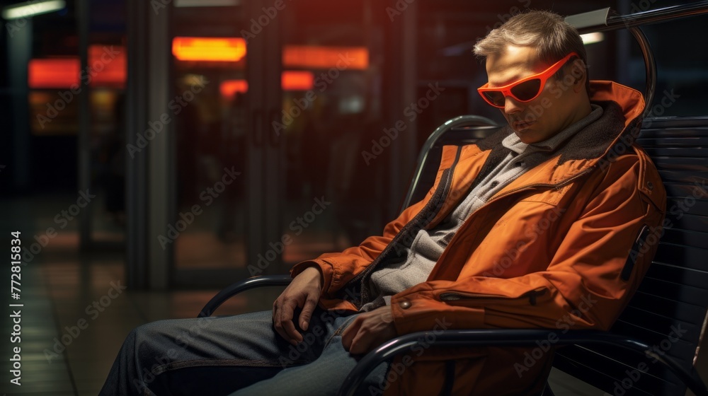 Photo of young blinded man waiting for bus at train station. Adult caucasian man wearing sunglasses fell asleep on bench while waiting for bus. People with Disabilities, Health concepts. Photo of young blinded man waiting for bus at train station. Adult caucasian man wearing sunglasses fell asleep on bench while waiting for bus. People with Disabilities, Health concepts.