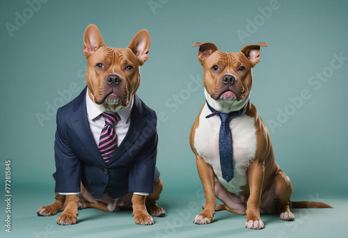 animal pet dog concept Anthromophic friendly American pit bull terrier dog wearing suite formal business suit pretending to work in coporate workplace studio shot on plain color  colorful background