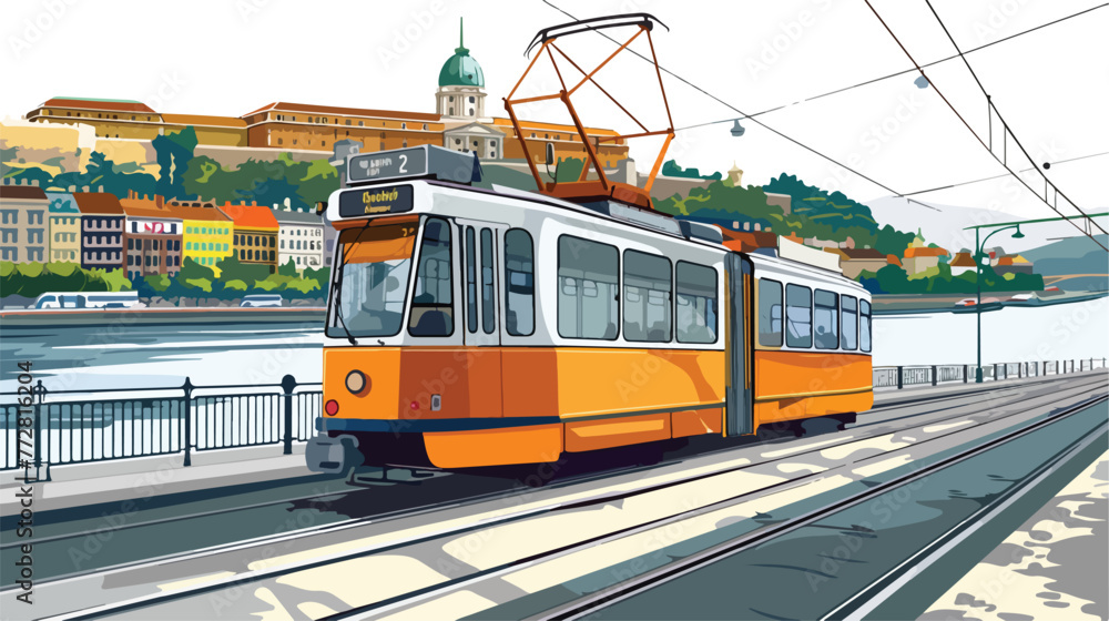Budapest Hungary Tram No. 2 moves along Danube river