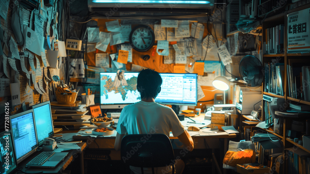 A person focused on multiple computer screens in a room filled with notes, creating a sense of busy intellectual work A person focused on multiple computer screens in a room filled with notes, creating a sense of busy intellectual work