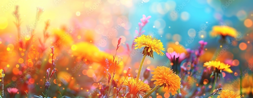 Enchanted Morning: Sun-Kissed Dandelions and Glittering Bokeh - Generative AI