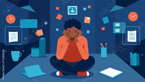 A person in a room with walls covered in conflicting messages and beliefs feeling ped and overwhelmed by the noise and chaos surrounding them.