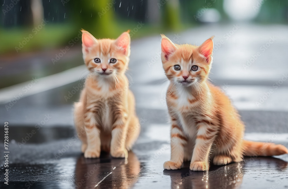 homeless red kittens with blue eyes are sitting on the road. the concept of protection and protection of stray animals. wet asphalt. homeless red kittens with blue eyes are sitting on the road. the concept of protection and protection of stray animals. wet asphalt.