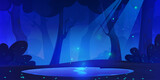 Dark night forest landscape with fantasy lake and firefly cartoon illustration. Magic game woods scene. Mystery park environment with green glowworm light. Blue misty wonderland at midnight panorama