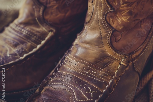 leather boots closeup with focus on intricate stitching details