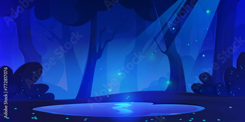 Dark night forest landscape with fantasy lake and firefly cartoon illustration. Magic game woods scene. Mystery park environment with green glowworm light. Blue misty wonderland at midnight panorama