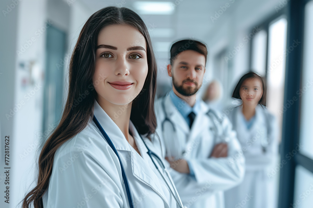 young female doctor with colleagues posing in the clinic corridor instilling confidence and optimism young female doctor with colleagues posing in the clinic corridor instilling confidence and optimism