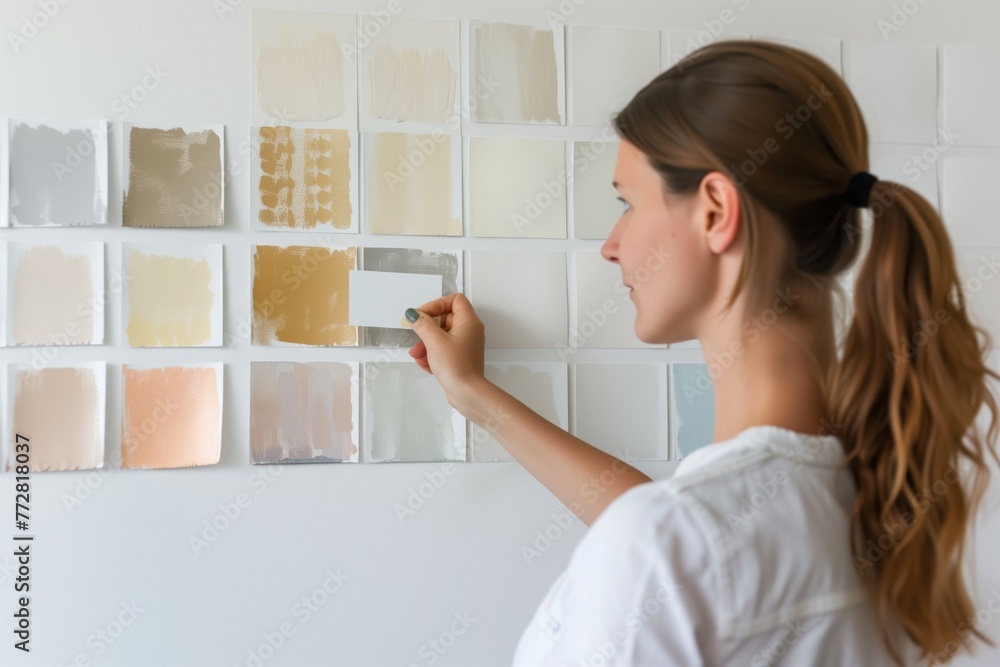 woman comparing paint swatches against white wall backdrop woman comparing paint swatches against white wall backdrop